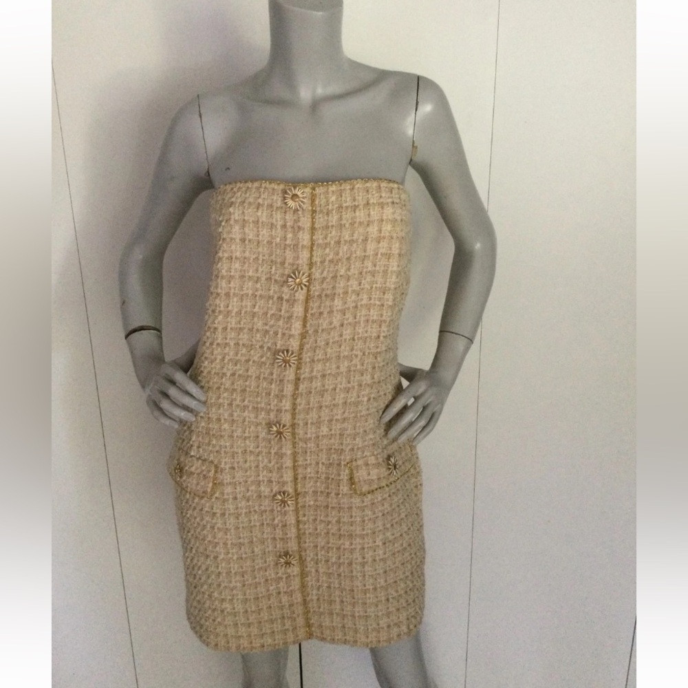 Anthropologie X Eva Franco Strapless Tweed Dress with Floral Buttons Size 10
